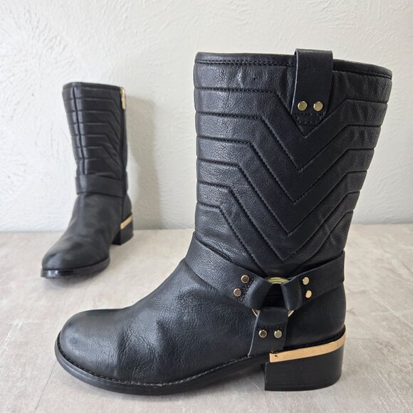 Vince Camuto Harness Moto Boots 8.5 Black Quilted Leather Western Biker Booties - Picture 1 of 13
